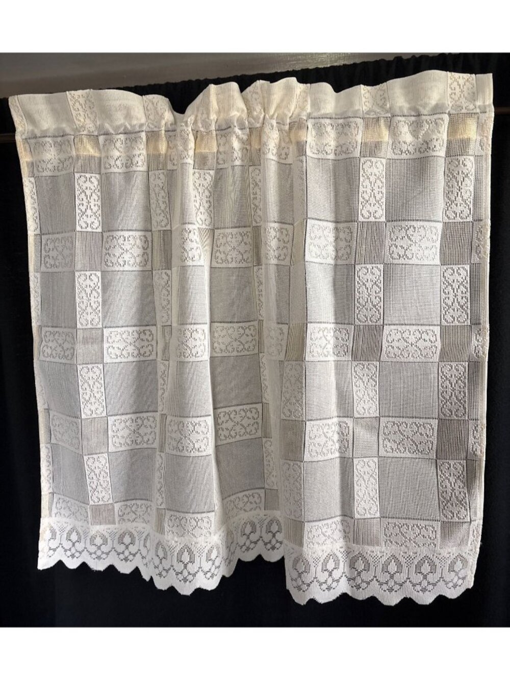 Yellow Vintage-Style Lace Curtain Panels 30Wx26L Scalloped Trim Floral Checkered